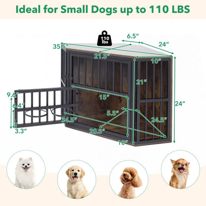Wooden Dog Crate End Table with Adjustable Bowl
