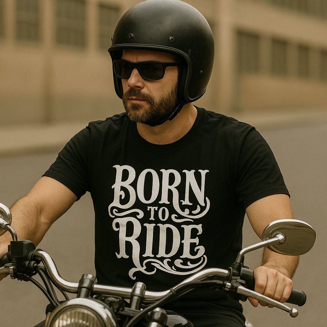 Biker Designed T-shirt by BikerZoneZ, black tee on a motorcycle rider wearing a helmet on Tampa Home & Garden Store