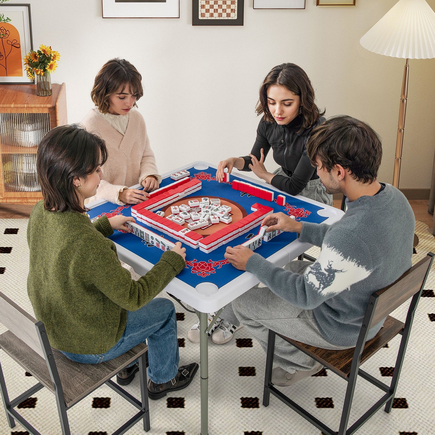 35 Inch 4 Player Game Card Folding Mahjong Table with Cup Holders-Blue