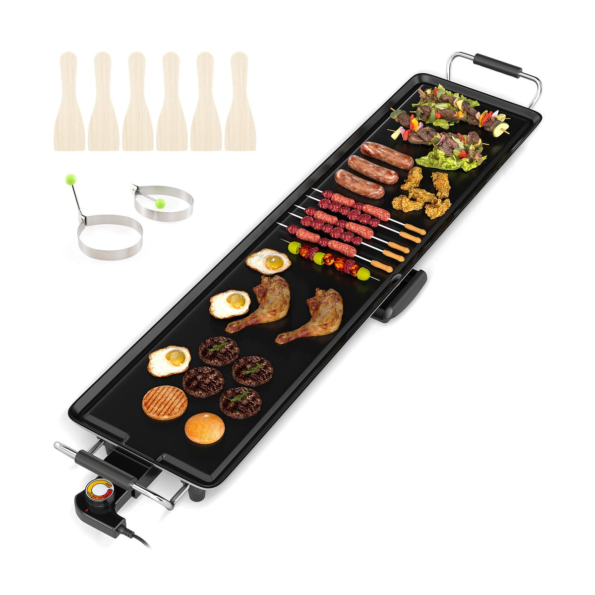 Electric grill griddle with black nonstick surface, eggs and burgers, skewers, six wooden spatulas on Tampa Home & Garden Store