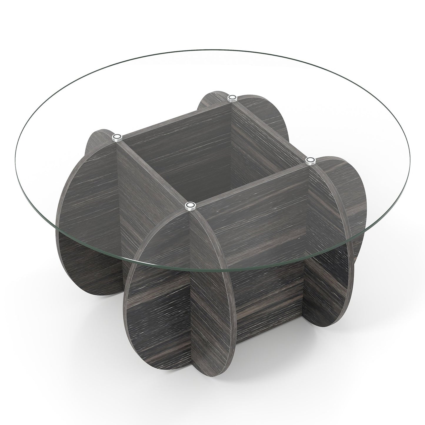 35" Round Coffee Table Unique Circle Center Table with Tempered Glass Top and Solid Wood Base-Black