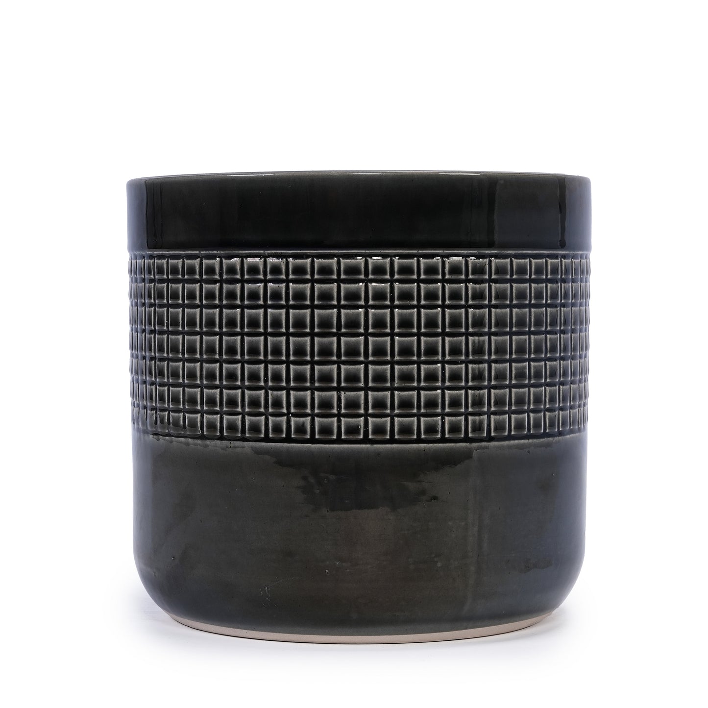 Black ceramic garden pot saucer with square-grid texture and smooth rim on Tampa Home & Garden Store