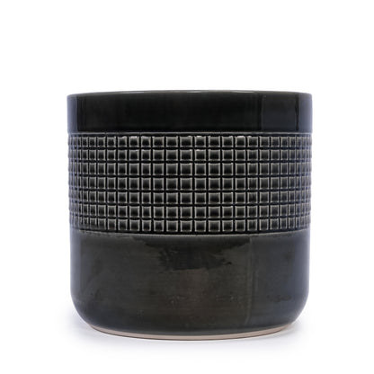 Black ceramic garden pot saucer with square-grid texture and smooth rim on Tampa Home & Garden Store