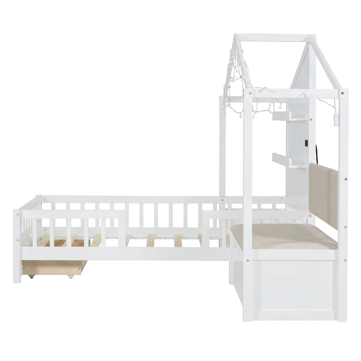 White house-style storage bed with built-in shelves and two drawers on Tampa Home & Garden Store