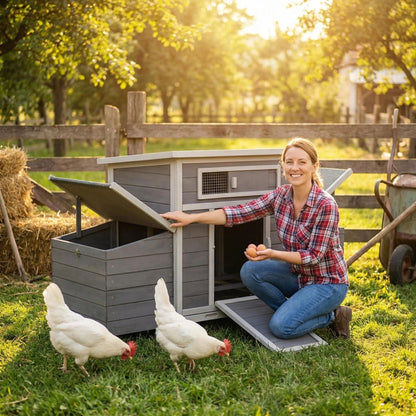 Large chicken coop with dual nesting boxes, gray wood, eggs near hens on Tampa Home & Garden Store