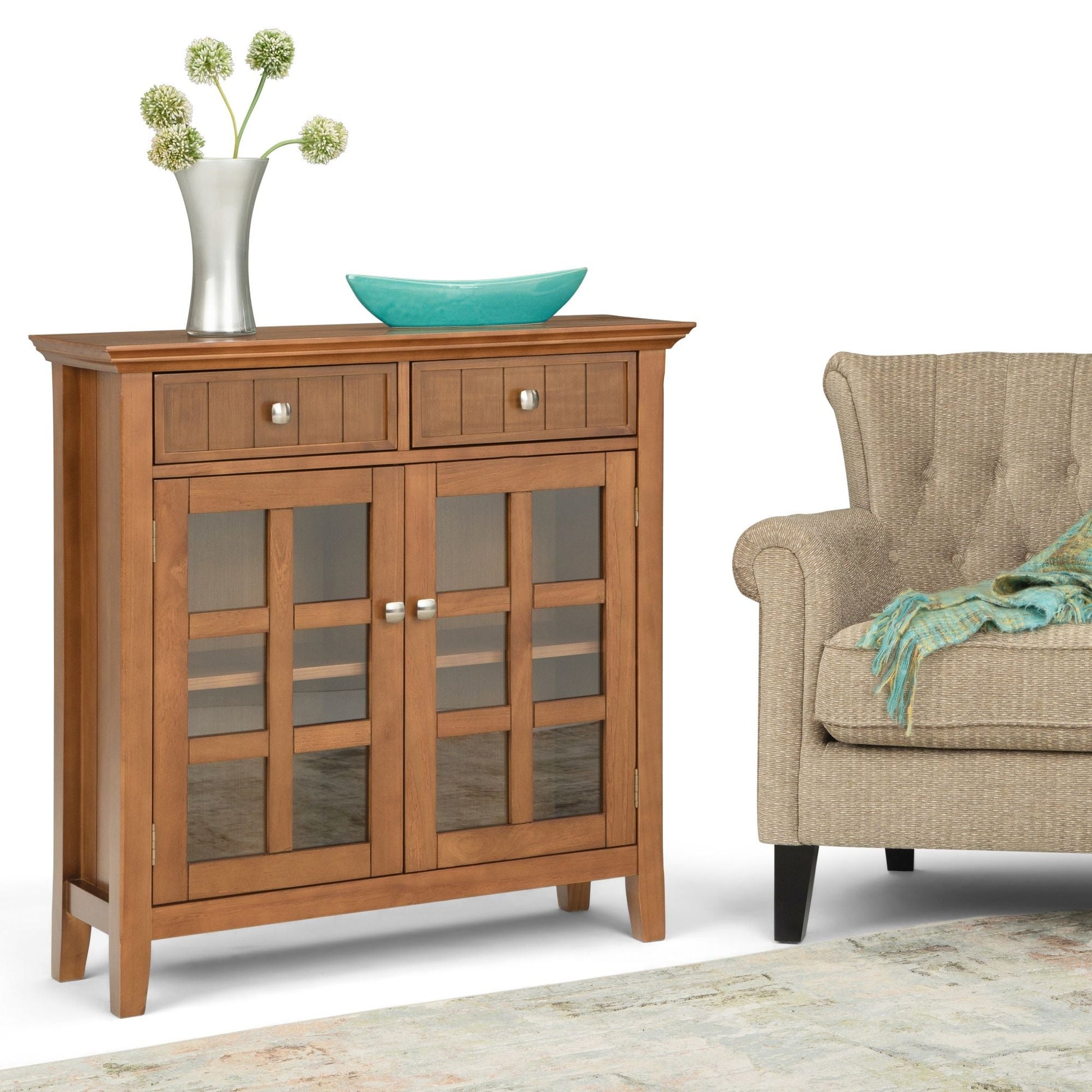 Acadian handcrafted entryway storage cabinet warm wood with glass-front doors by HouseOfZazla on Tampa Home & Garden Store
