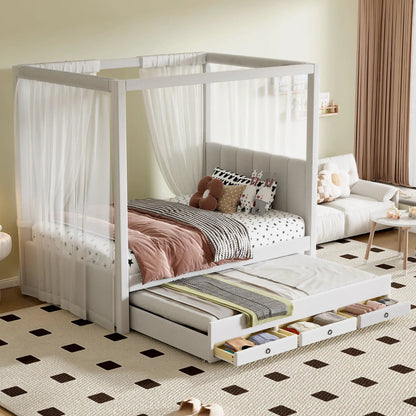 Upholstery canopy platform bed with trundle and three storage drawers in white frame and sheer drapes on Tampa Home & Garden Store