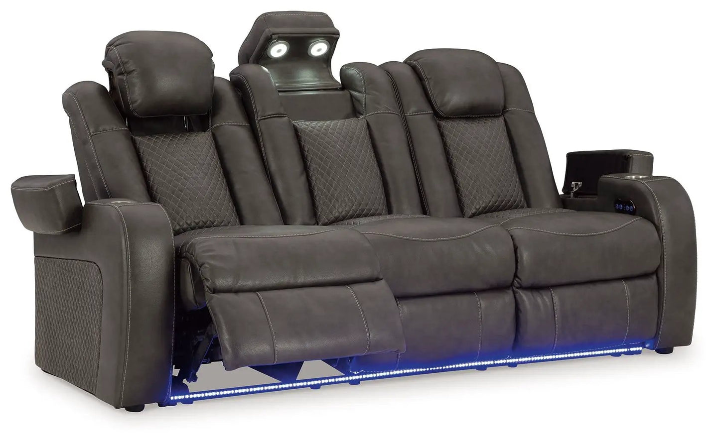 Fyne-dyme 4-seat power reclining sofa with adjustable headrests, dark leather, quilted seats on Tampa Home & Garden Store
