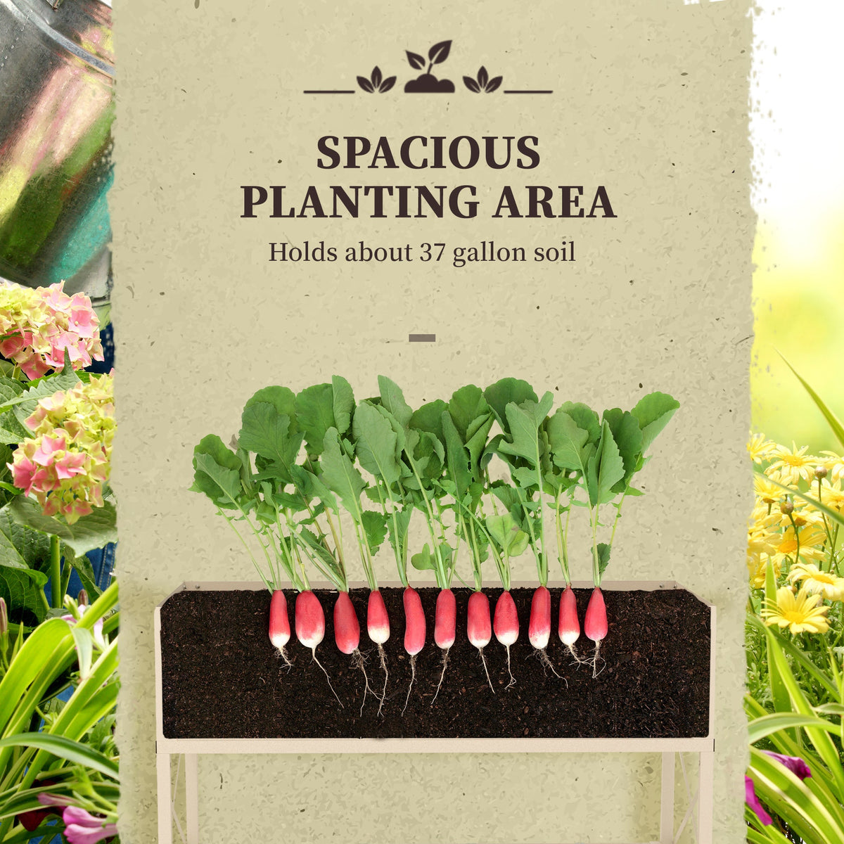 Galvanized steel raised garden bed with bottom shelf, row of carrots growing in soil on Tampa Home & Garden Store
