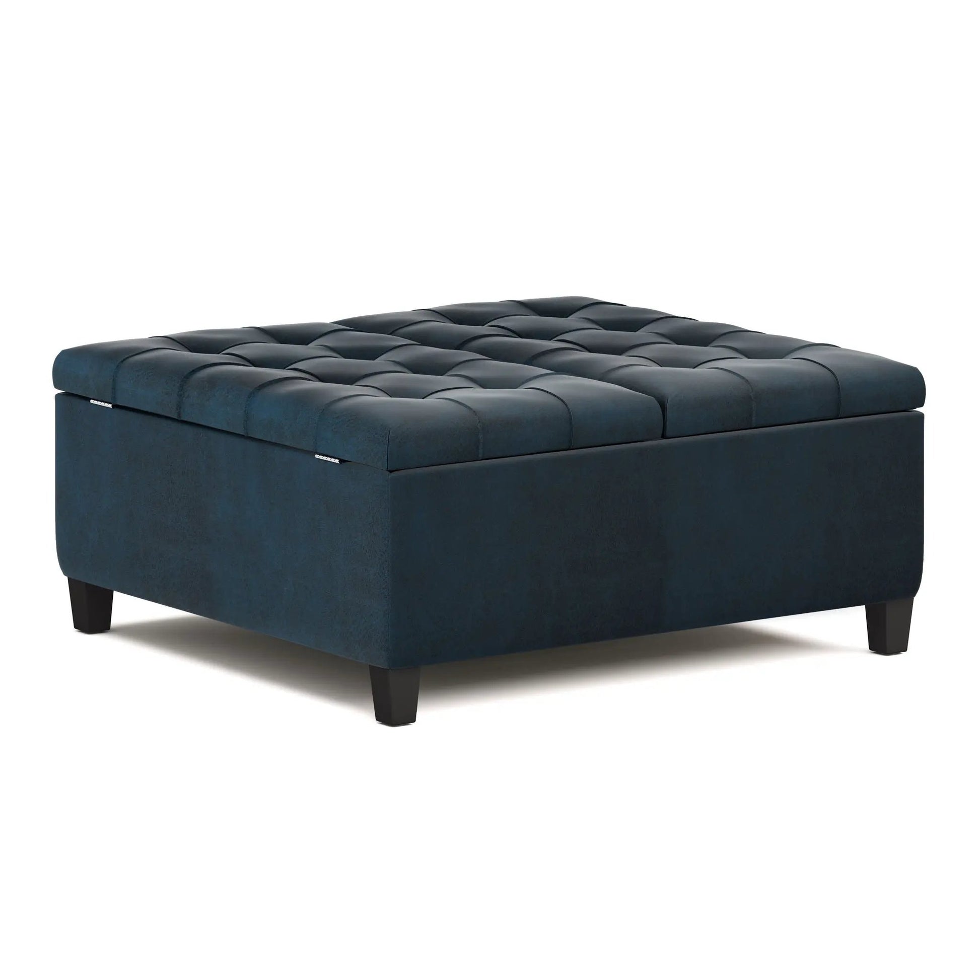 Harrison large coffee table storage ottoman in deep blue tufted faux leather with black legs on Tampa Home & Garden Store