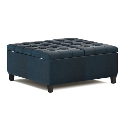 Harrison large coffee table storage ottoman in deep blue tufted faux leather with black legs on Tampa Home & Garden Store