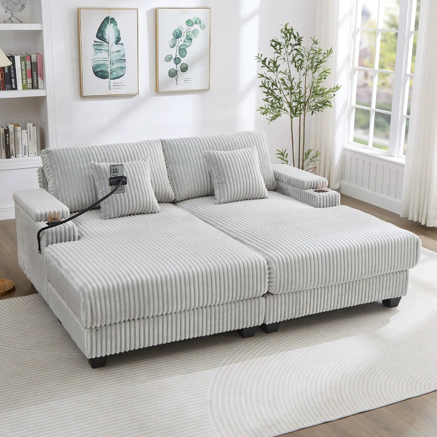 Modern chaise sofa with adjustable backrest in light grey fabric, cup holders and storage on Tampa Home & Garden Store