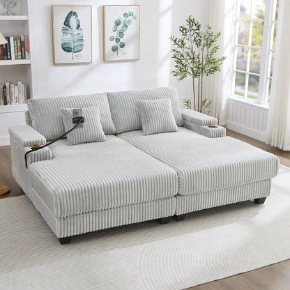 Modern chaise sofa with adjustable backrest in light grey fabric, cup holders and storage on Tampa Home & Garden Store