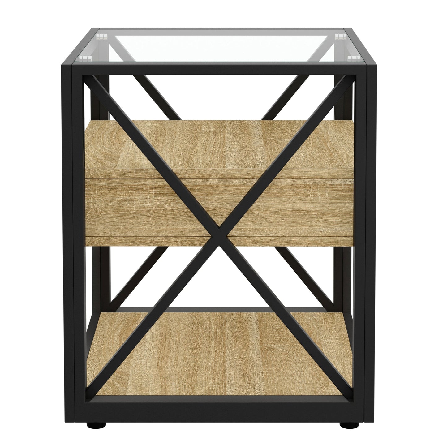 Set of 2 end tables with drawer, black metal frame, glass top wood shelf by HouseOfZazla on Tampa Home & Garden Store
