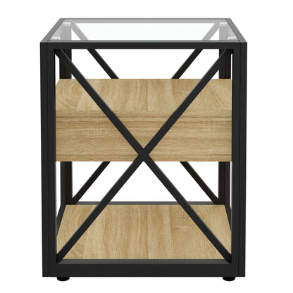 Set of 2 end tables with drawer, black metal frame, glass top wood shelf by HouseOfZazla on Tampa Home & Garden Store