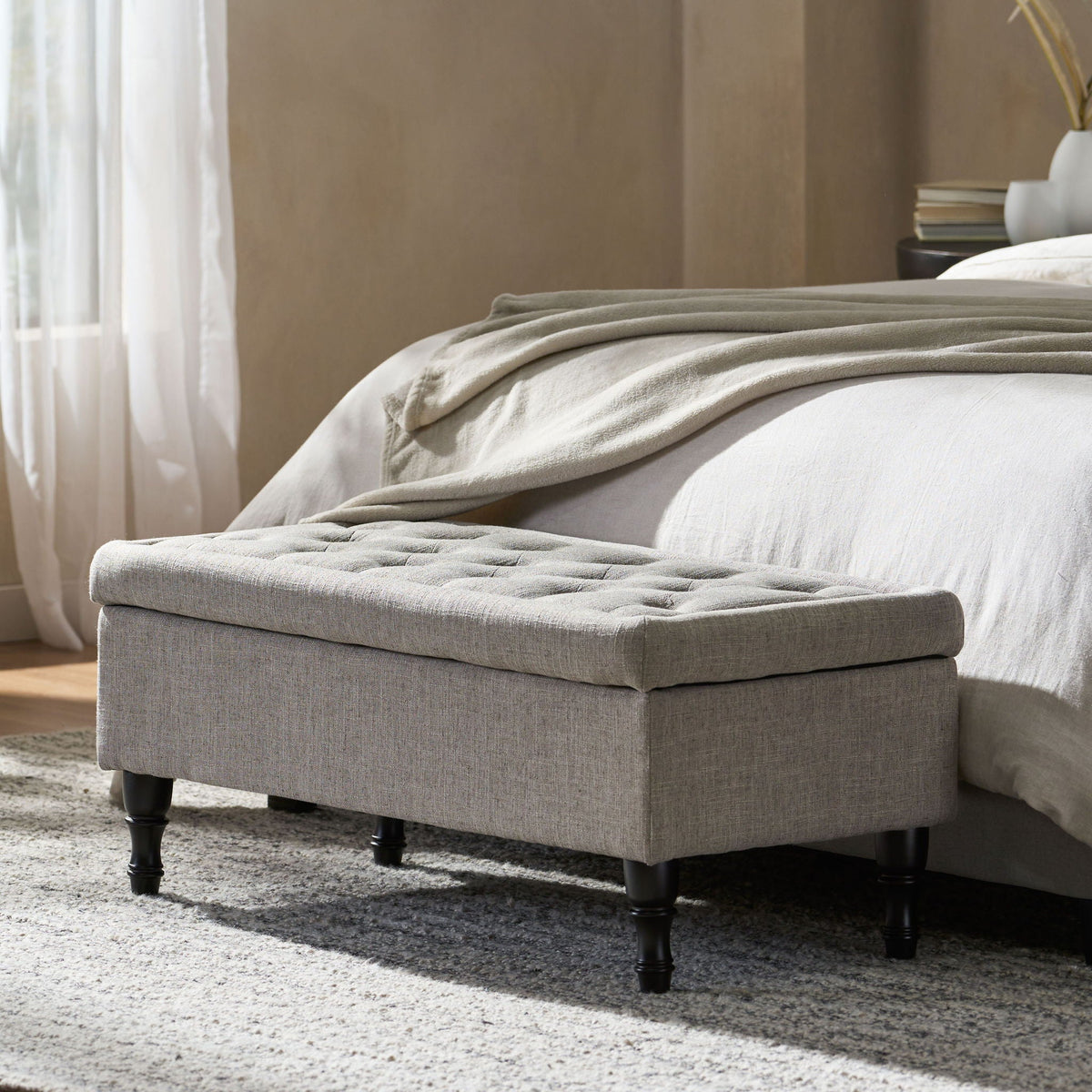 Wide tufted gray rectangle fabric storage ottoman with concealed storage by HouseOfZazla on Tampa Home & Garden Store