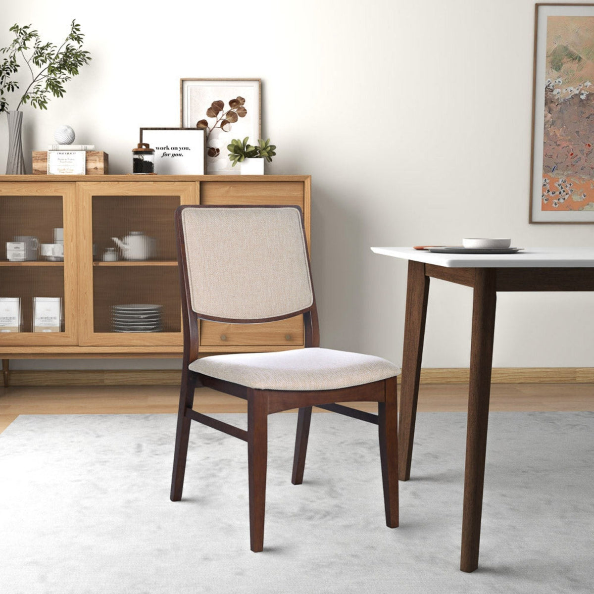 Skylar beige linen dining chairs set of 2 with padded seats and dark wood legs by HouseOfZazla on Tampa Home & Garden Store