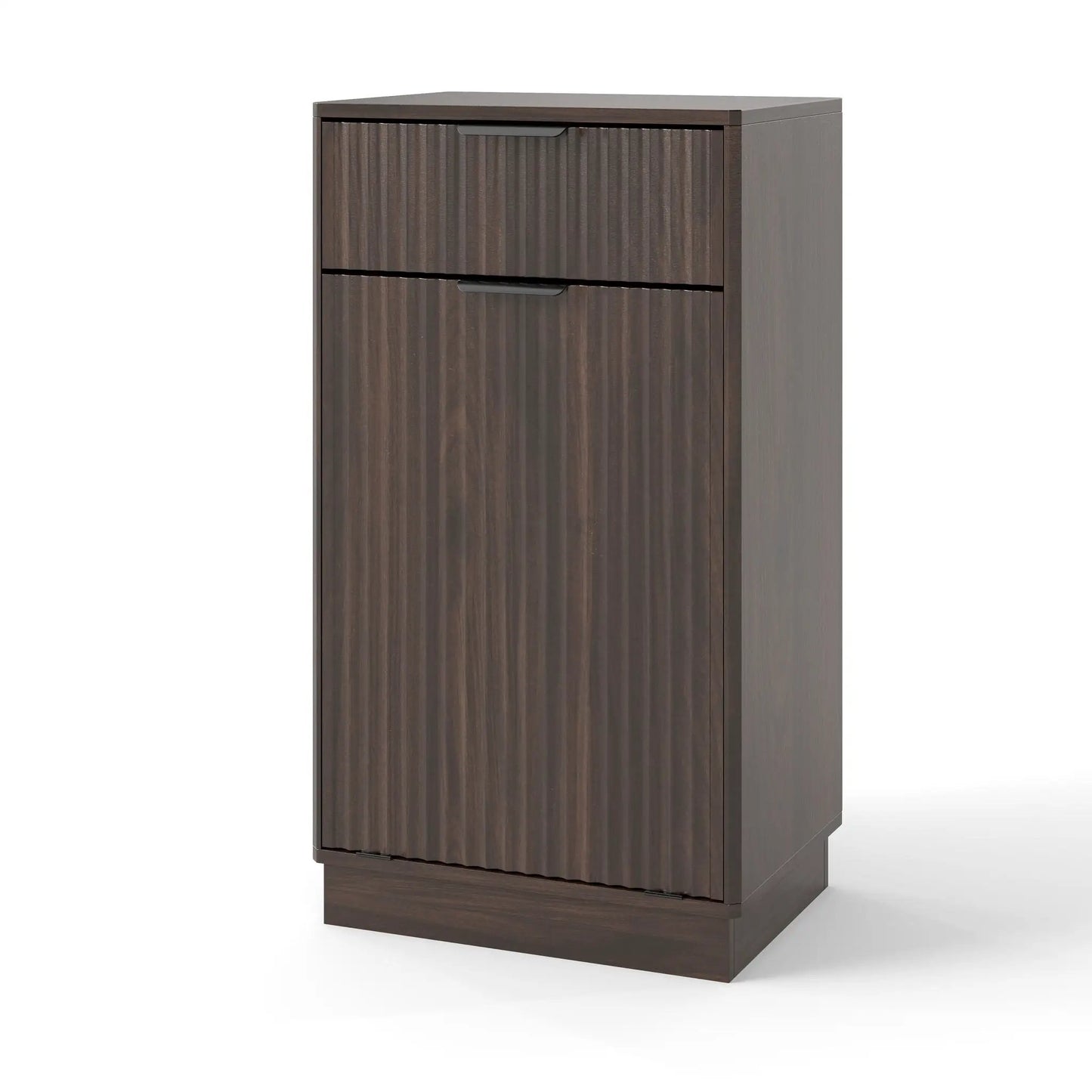Tilt-out trash can cabinet with wave-textured drawer and pull-out bin in dark wood finish on Tampa Home & Garden Store