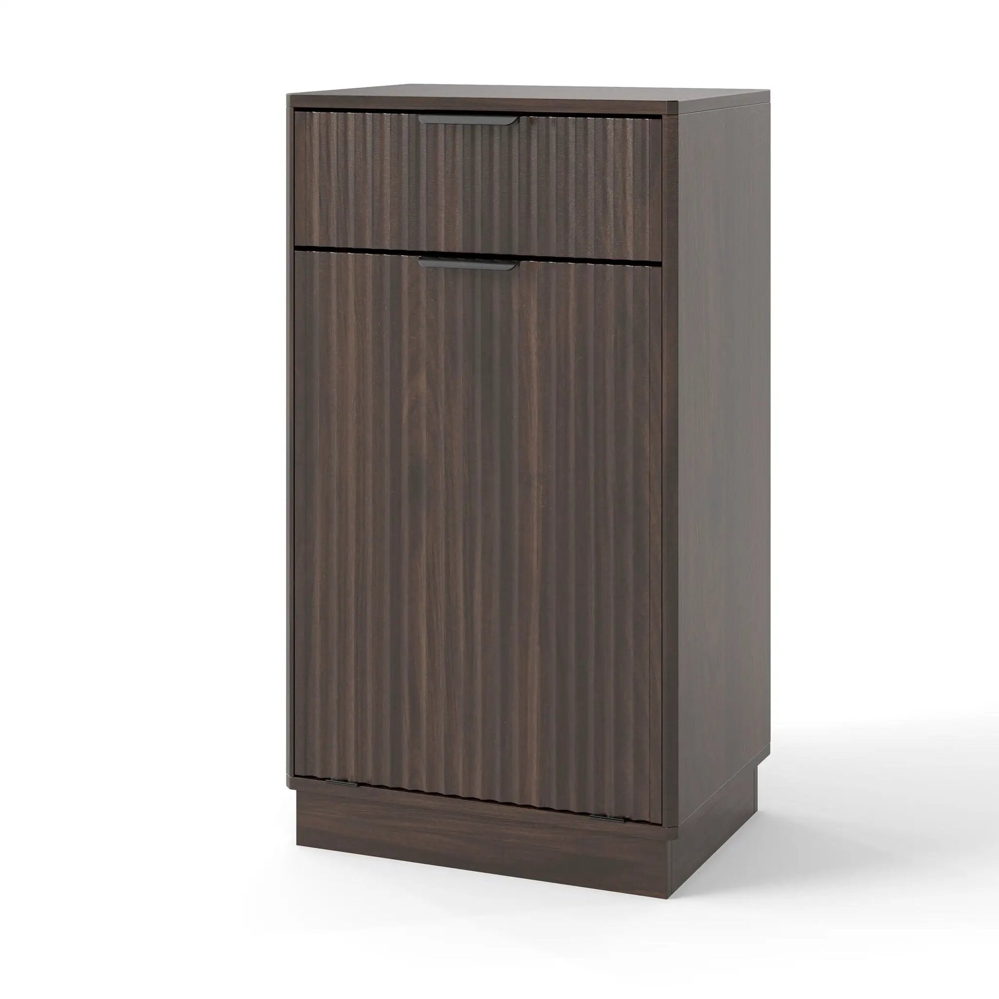 Tilt-out trash can cabinet with wave-textured drawer and pull-out bin in dark wood finish on Tampa Home & Garden Store