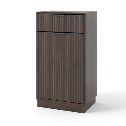 Tilt-out trash can cabinet with wave-textured drawer and pull-out bin in dark wood finish on Tampa Home & Garden Store