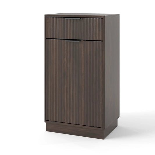 Tilt-out trash can cabinet with wave-textured drawer and pull-out bin in dark wood finish on Tampa Home & Garden Store