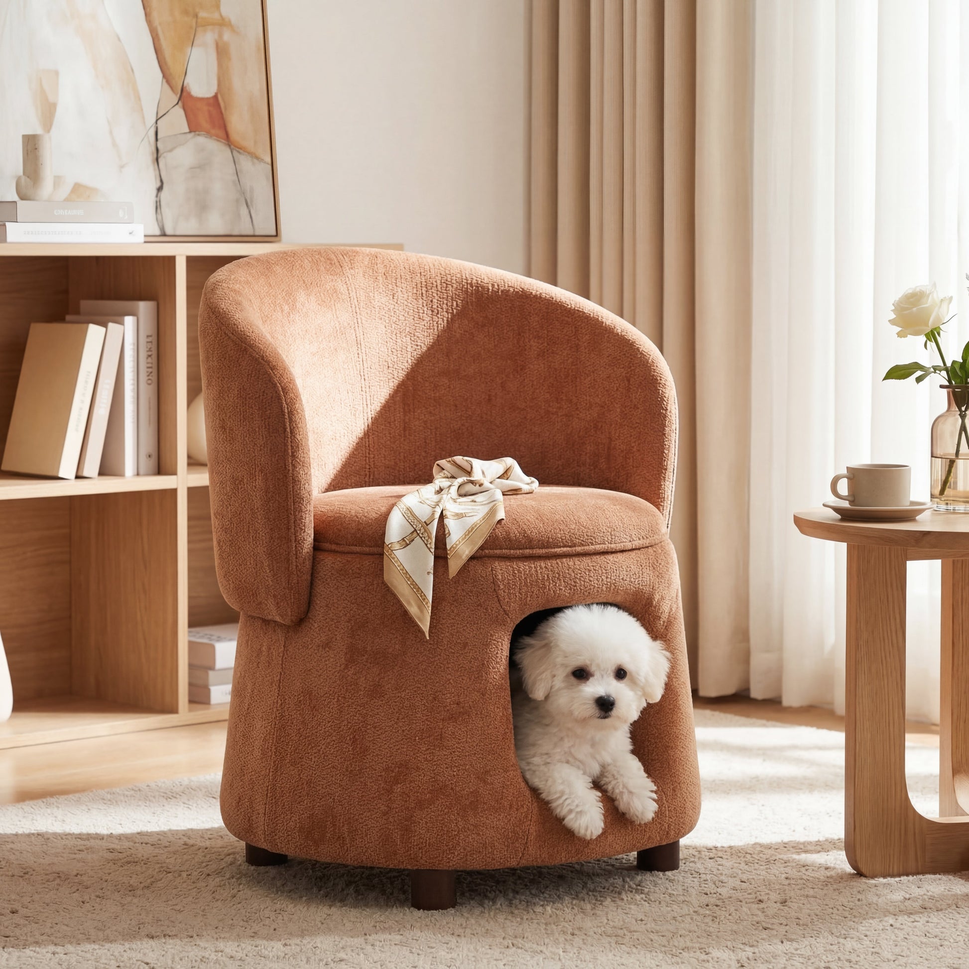 Orange pet-friendly chair with hidden pet nook and plush upholstery dog peeks out on Tampa Home & Garden Store