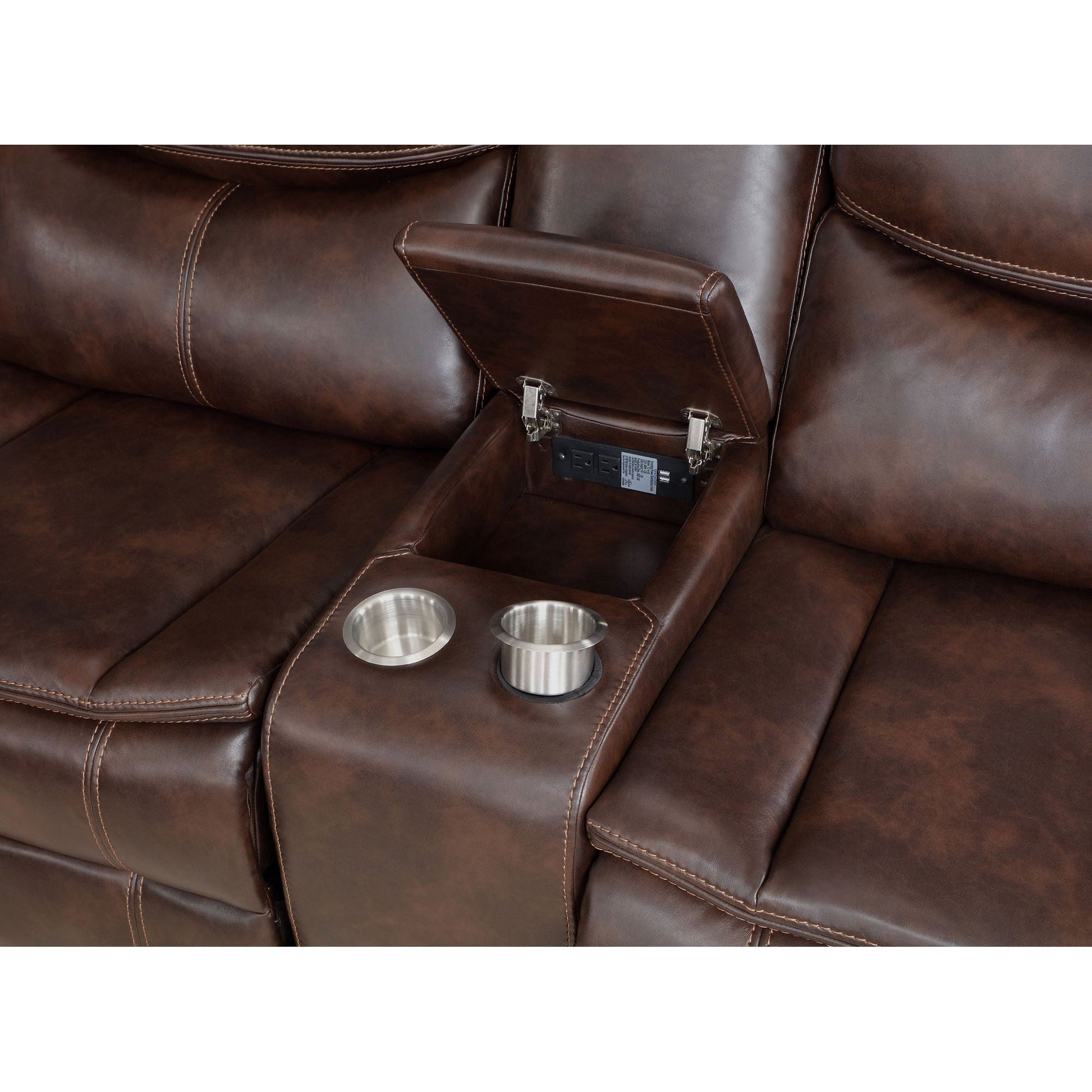 Mclean power reclining sectional sofa with storage console, dark brown leather, cup holders on Tampa Home & Garden Store
