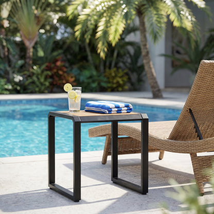 Outdoor Side Table with Black Metal and Wood Top
