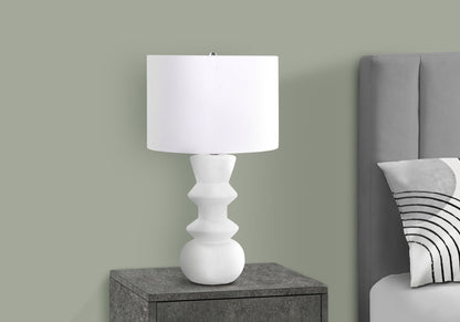 White ceramic table lamp with stacked-ball base and white drum shade on Tampa Home & Garden Store