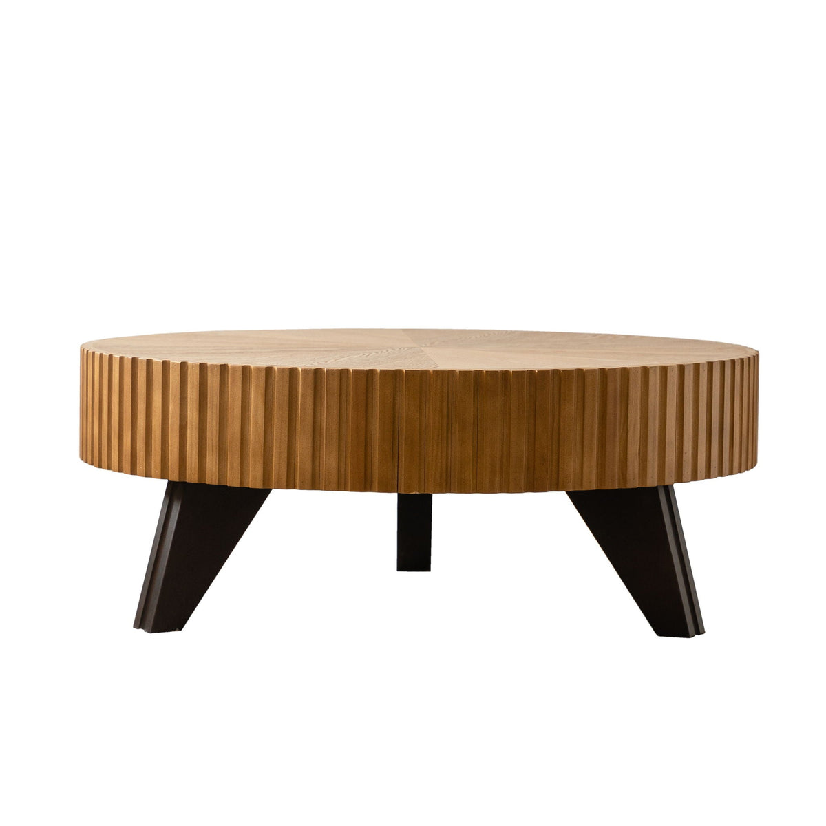 Round Retro Coffee Table with Solid Wood Legs; natural wood, ribbed sides, black angled legs on Tampa Home & Garden Store