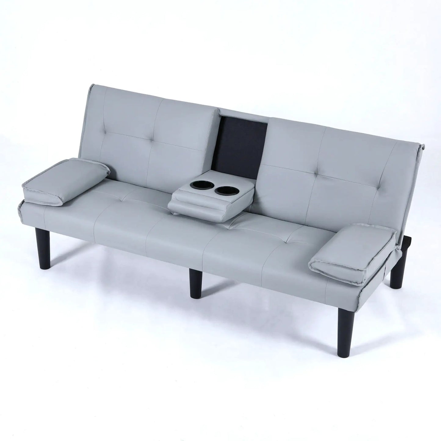 Futon sofa bed with cup holders in light gray upholstery by Unique Piece Furniture on Tampa Home & Garden Store