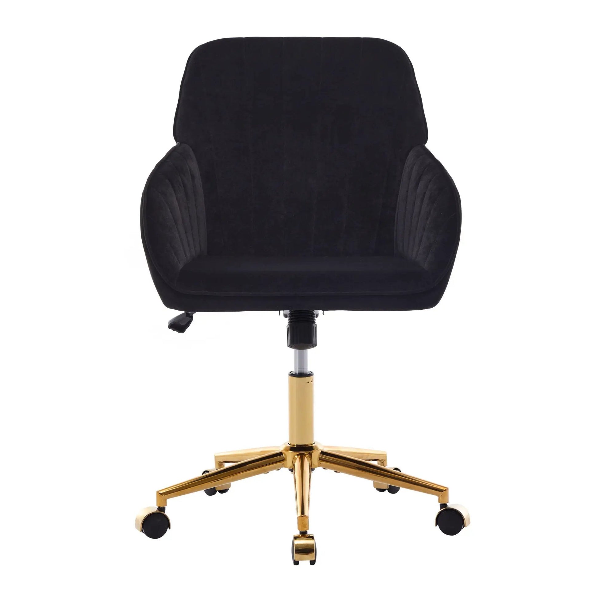 Adjustable ergonomic swivel office chair in black velvet with gold base and wheels on Tampa Home & Garden Store