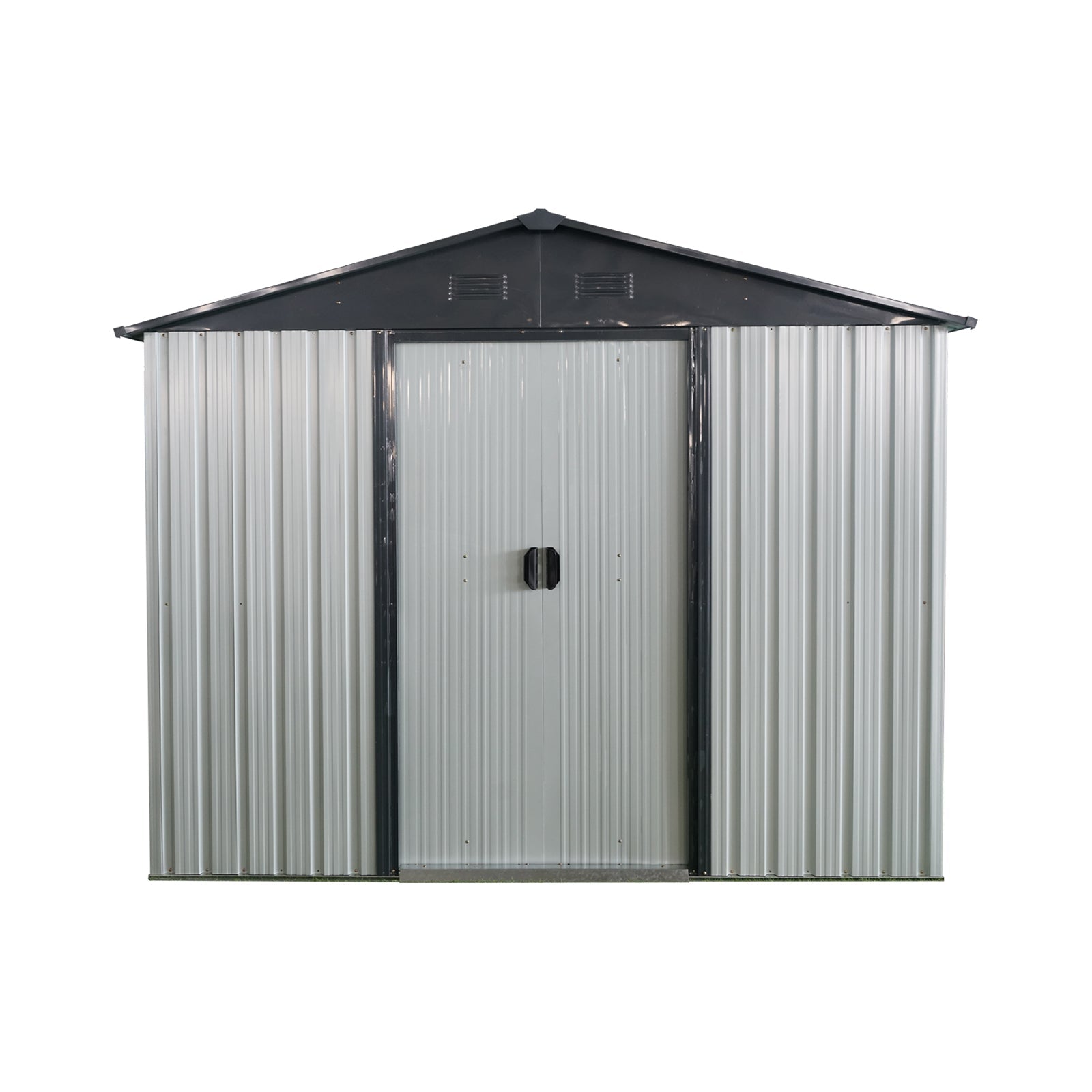 HouseOfZazla 8ft x 4ft outdoor metal storage shed with double gray doors and black trim on Tampa Home & Garden Store