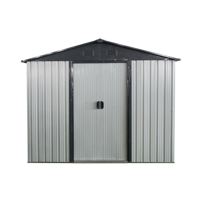HouseOfZazla 8ft x 4ft outdoor metal storage shed with double gray doors and black trim on Tampa Home & Garden Store