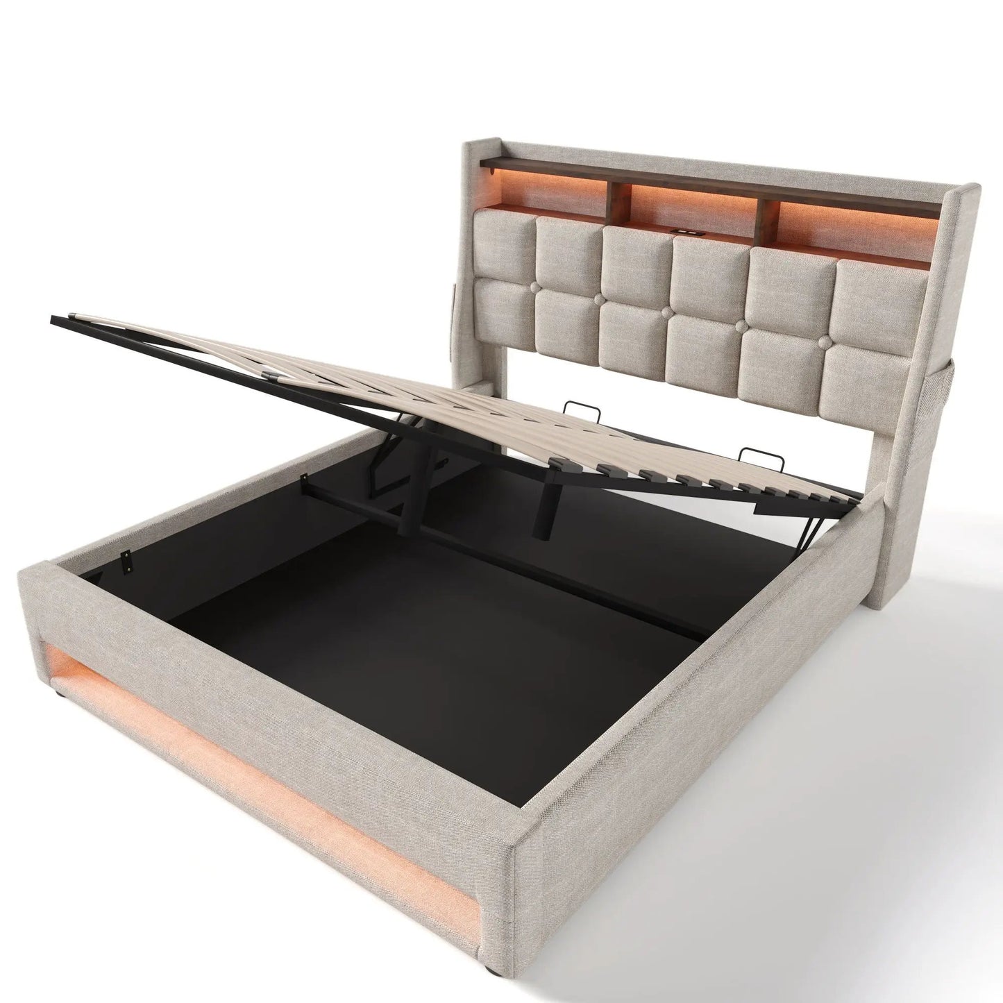 Upholstered Platform Bed With Storage USB LED
