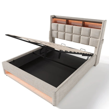 Upholstered Platform Bed With Storage USB LED