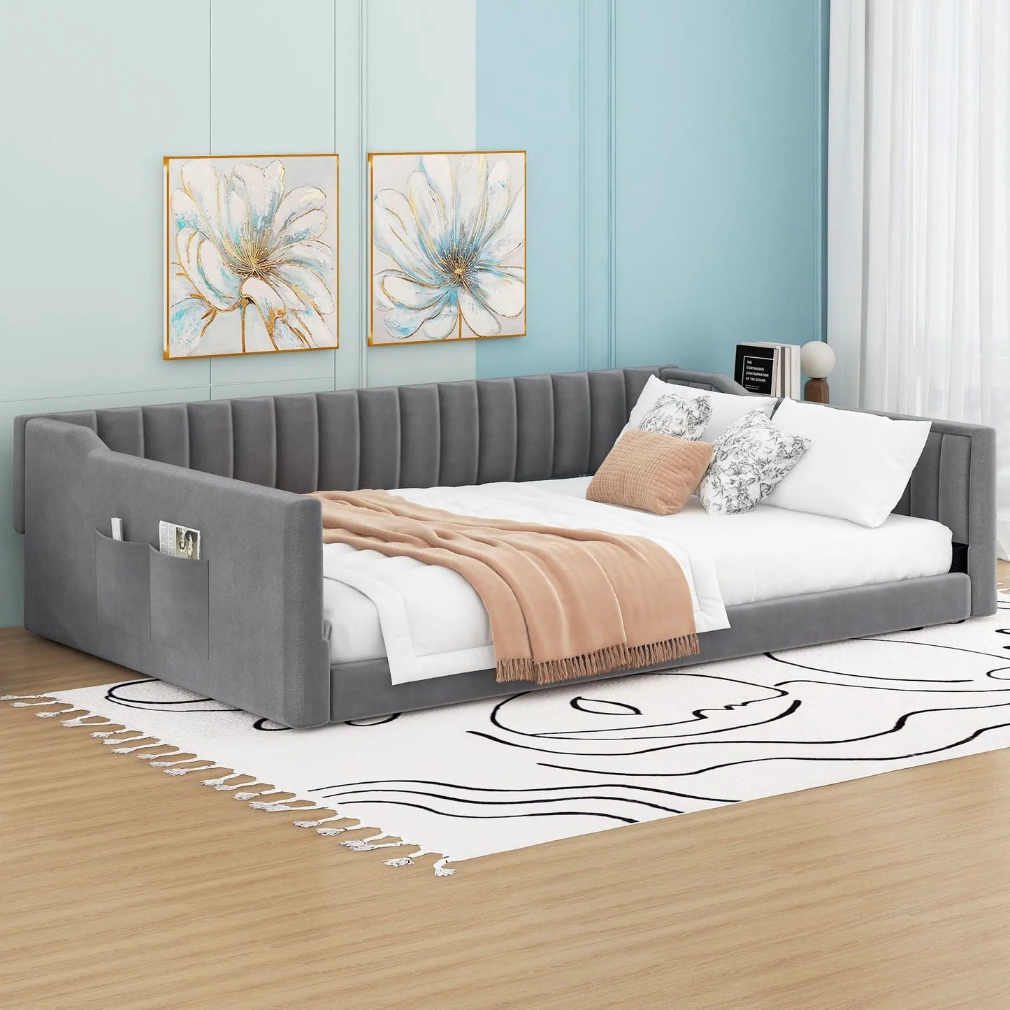 Daybed with side storage pockets in gray upholstery, by Unique Piece Furniture in a modern room on Tampa Home & Garden Store