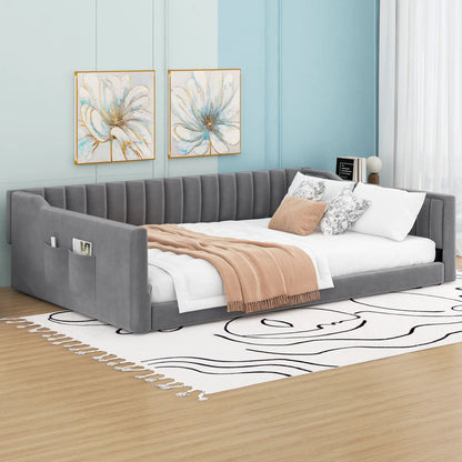 Daybed with side storage pockets in gray upholstery, by Unique Piece Furniture in a modern room on Tampa Home & Garden Store