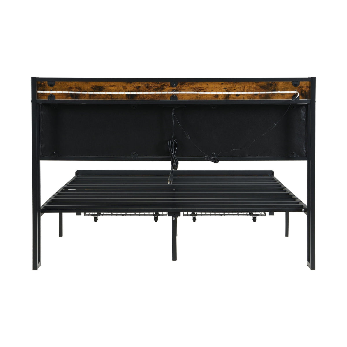 Storage bed frame HouseOfZazla in black metal with rustic wood headboard panel and LED strip on Tampa Home & Garden Store