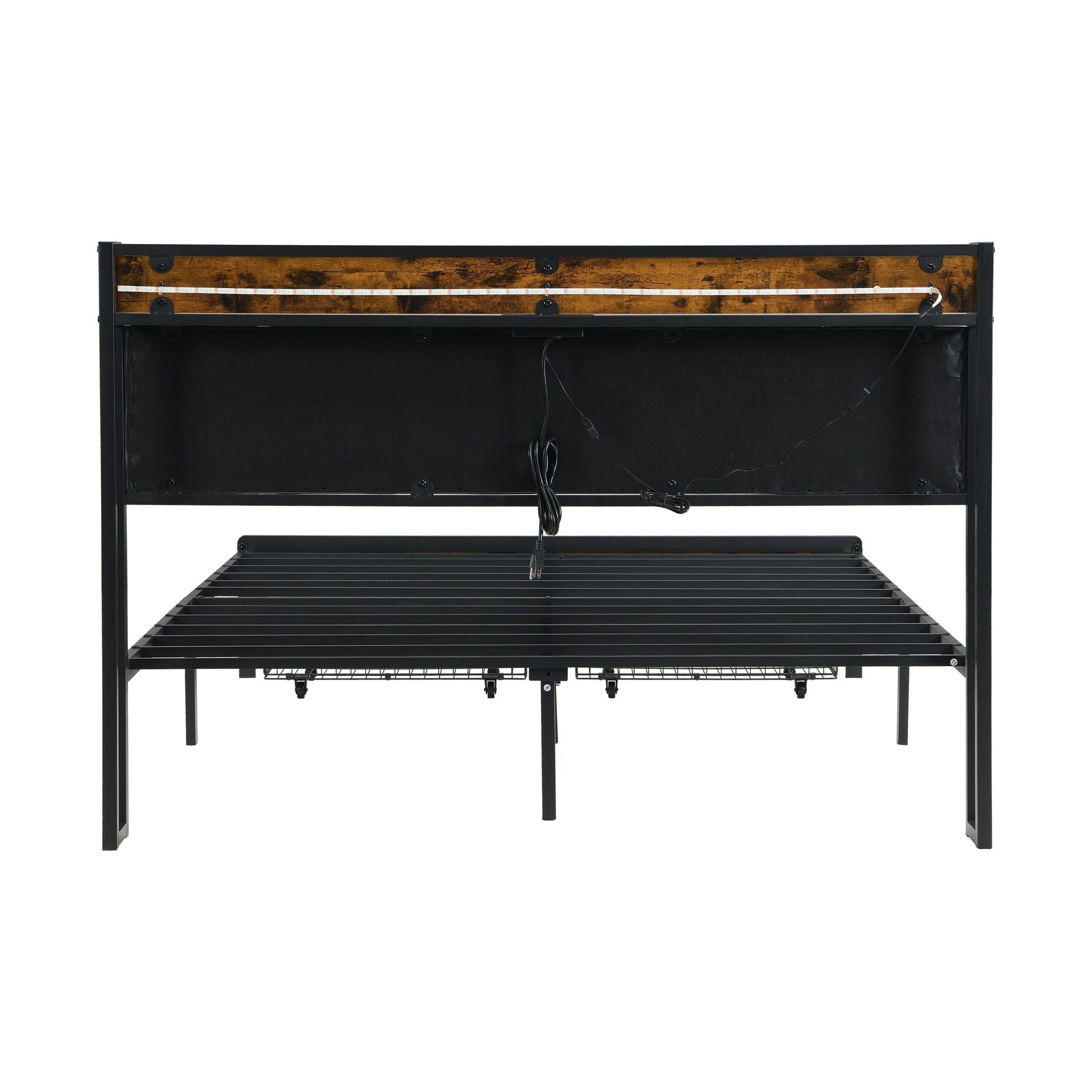 Storage bed frame HouseOfZazla in black metal with rustic wood headboard panel and LED strip on Tampa Home & Garden Store
