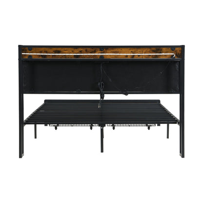 Storage bed frame HouseOfZazla in black metal with rustic wood headboard panel and LED strip on Tampa Home & Garden Store