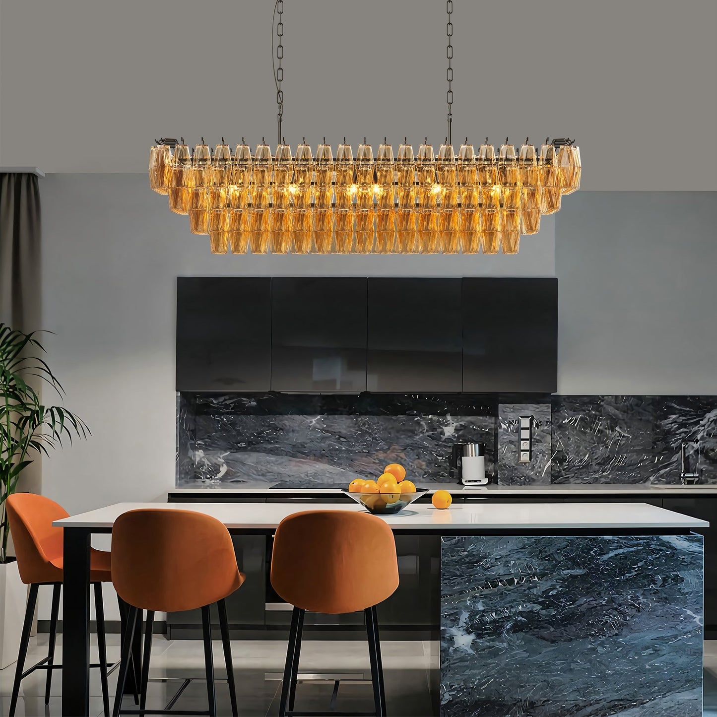 54-inch black rectangular 12-light chandelier with smoke glass prisms hanging from two chains on Tampa Home & Garden Store