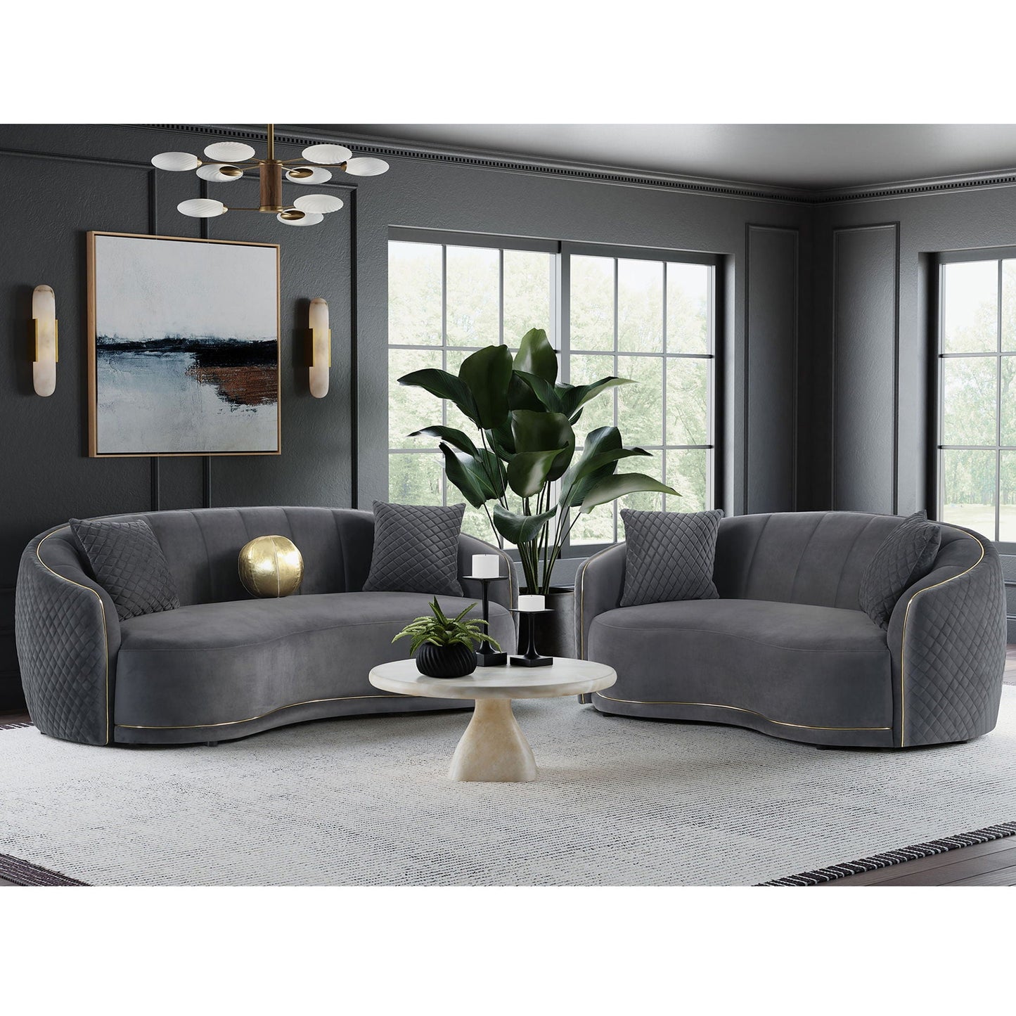 Luxe Upholstered Curved Sofa with Diamond Quilting in Dark Gray, gold piping HouseOfZazla on Tampa Home & Garden Store