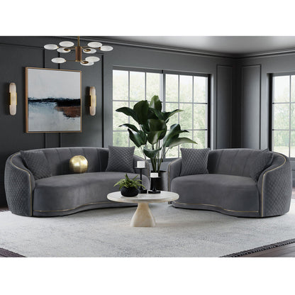 Luxe Upholstered Curved Sofa with Diamond Quilting in Dark Gray, gold piping HouseOfZazla on Tampa Home & Garden Store