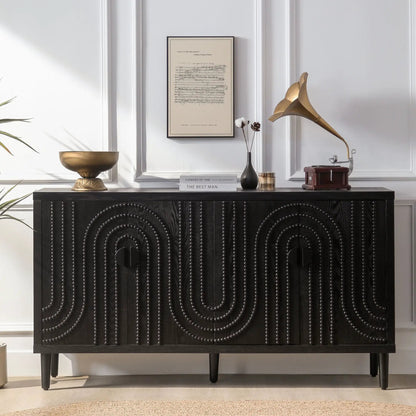 Modern black sideboard cabinet with circular nailhead beadwork, compact storage on Tampa Home & Garden Store