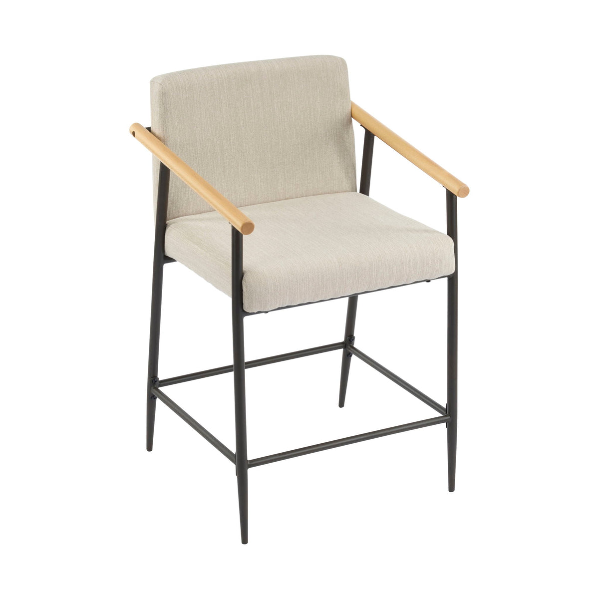 HouseOfZazla mid-century counter stool beige fabric upholstery, wood armrests black iron frame on Tampa Home & Garden Store