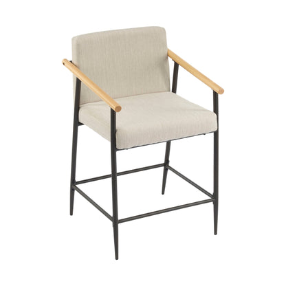 HouseOfZazla mid-century counter stool beige fabric upholstery, wood armrests black iron frame on Tampa Home & Garden Store