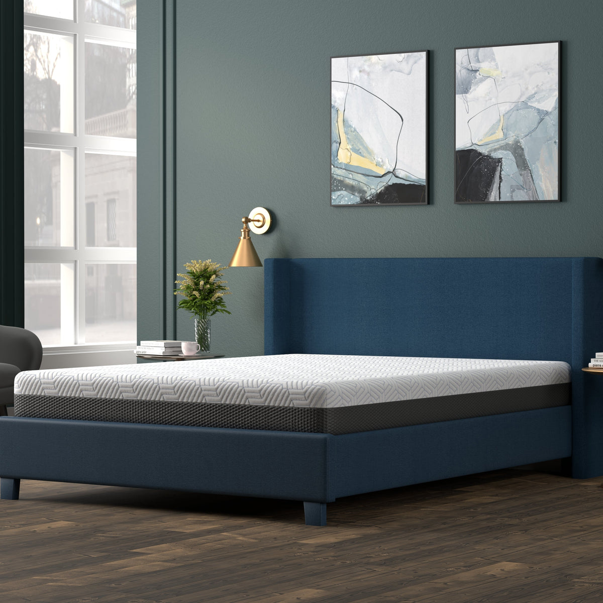 Omne Fria 8 Inch Queen Firm Mattress with Cooling Cover on blue upholstered bed frame on Tampa Home & Garden Store