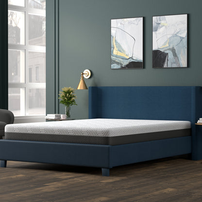 Omne Fria 8 Inch Queen Firm Mattress with Cooling Cover on blue upholstered bed frame on Tampa Home & Garden Store