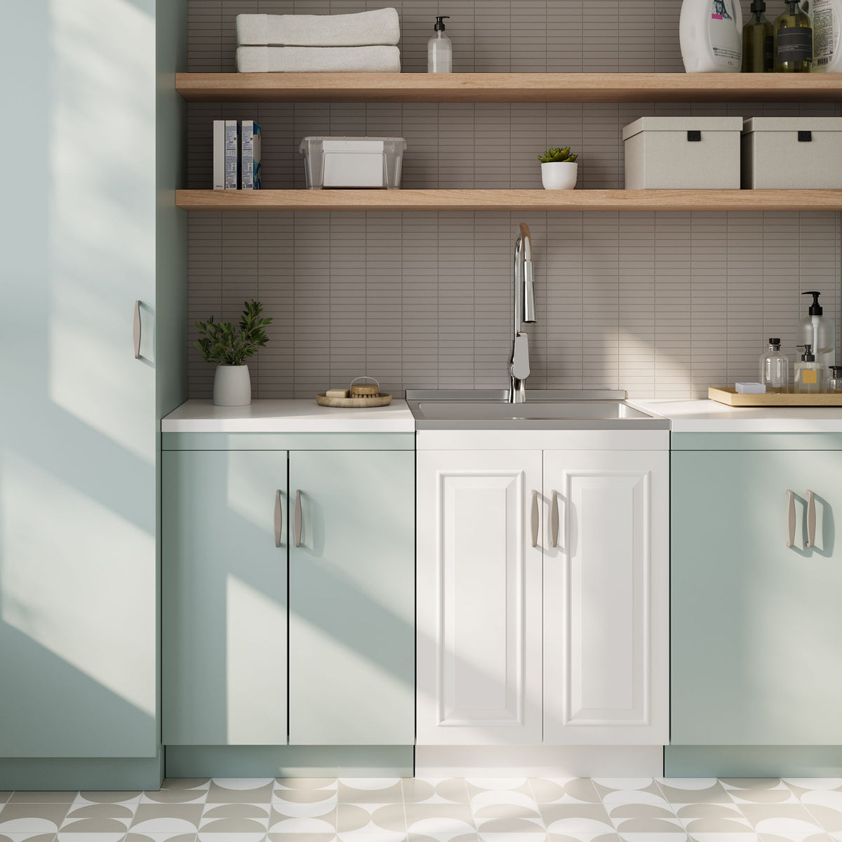 Deluxe Laundry Cabinet and Stainless Sink vanity with mint-green cabinets by HouseOfZazla on Tampa Home & Garden Store